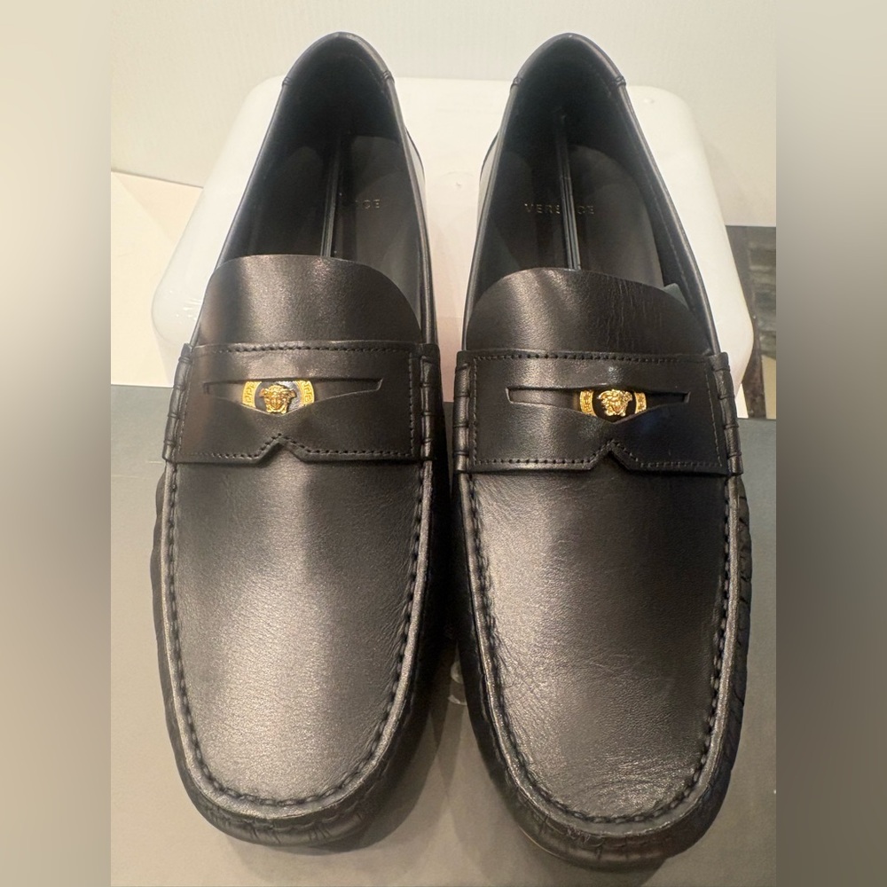 Authentic Versace Black Leather Penny Loafers with Gold Medusa Accent